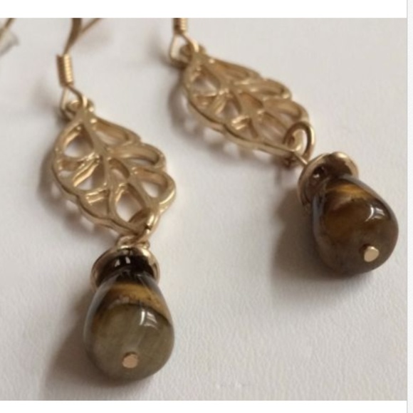 Gold Tiger Eye Stone Earrings Brown Stone Leaf - Picture 3 of 7